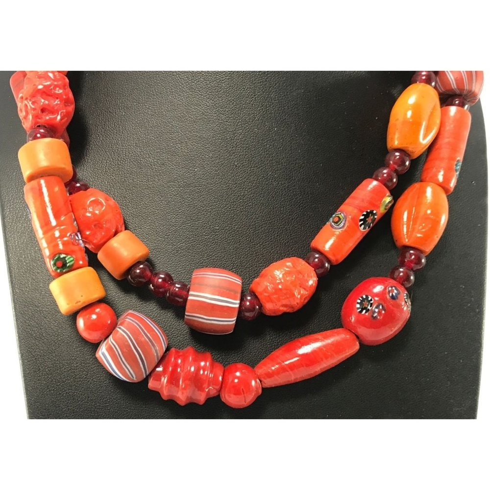 Brick Red Assorted Antique African Trade Bead Necklace 38" 77 Beads Shapes Sizes - Picture 3 of 5